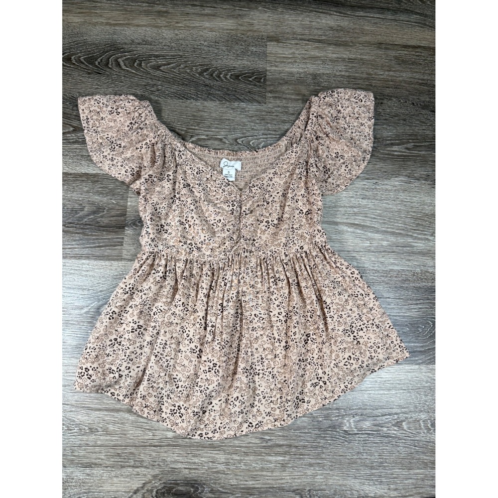 Japna Leopard Print Babydoll Top Tan Brown Smocked Peplum Blouse Small